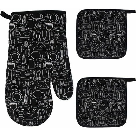 1 Oven Gloves + 2 Potholders, Large Kitchen Gloves, Microwave Oven Gloves, Cotton Lining Glove, Oven Mitts, Barbecue Glove, Cooking, Grilling, Cooking, Pastry (Black)
