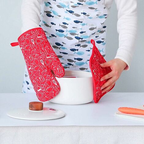 1 Oven Gloves + 2 Potholders, Large Kitchen Gloves, Microwave Oven Gloves, Cotton Lining Glove, Oven Mitts, Barbecue Glove, Cooking, Grilling, Cooking, Pastry (Black)