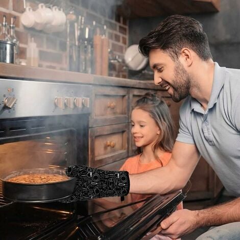 1 Oven Gloves + 2 Potholders, Large Kitchen Gloves, Microwave Oven Gloves, Cotton Lining Glove, Oven Mitts, Barbecue Glove, Cooking, Grilling, Cooking, Pastry (Black)