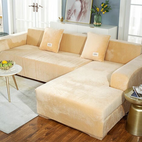 Corner Sofa Cover with Armrests Sofa Cover Stretch L-Shaped Protective Sofa (L-Shaped Corner Sofa, Please Buy Two Pieces)-Beige Single 90-140cm