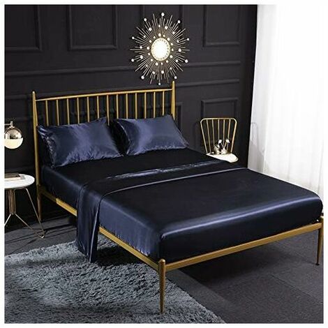 Cream Silk Satin 4 Piece Bedding Set with Fitted Sheet, Flat Sheet, Pillowcase, Breathable, Soft and Comfortable for Double Bed, (Royal Blue) 153x203x35cm (1/5)