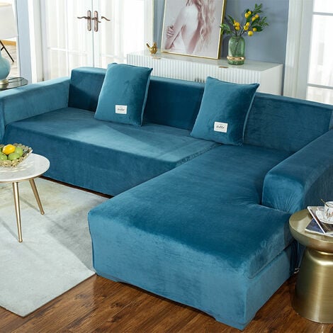 Corner Sofa Cover with Armrests Sofa Cover Stretch L-Shaped Protective Sofa (L-Shaped Corner Sofa, Please Buy Two Pieces)-Lake Blue Double 145-185cm