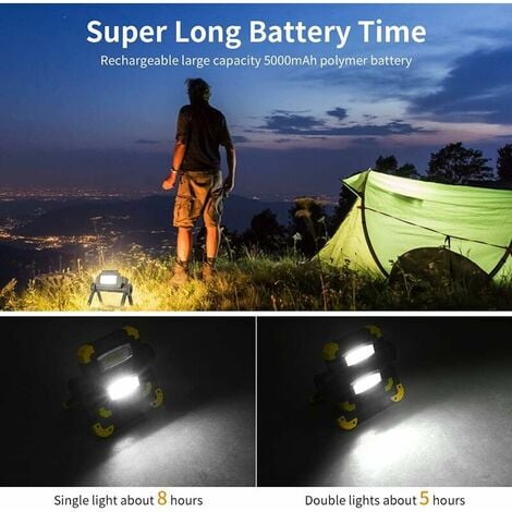 LED Rechargeable Work Light Portable - 2 COB 2000 Lumens Flood & Spot Lighting 360° Rotation USB Cordless Folding Lamp Battery Security Floodlight for Workshop Garage Loft Fishing Outdoor Emergency