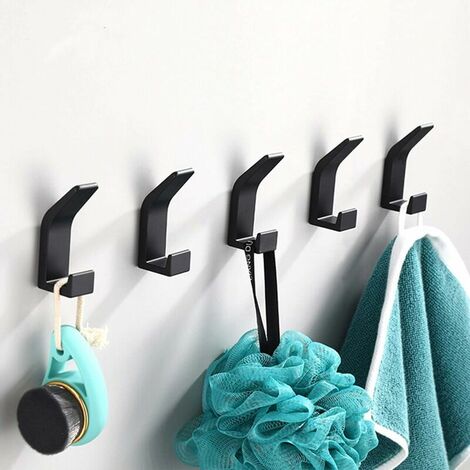 5 Pieces Adhesive Hook, Double Bathroom Towel Hook, Towel Hanger, Anti-rust and Waterproof Towel Holder With Adhesive, Family Bathroom Kitchen, Office, Self-Adhesive-Black