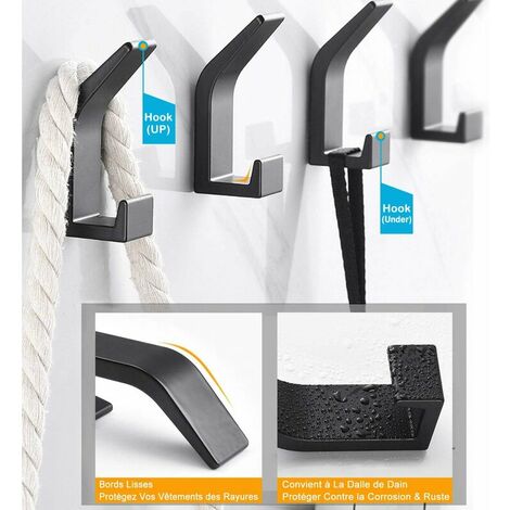 5 Pieces Adhesive Hook, Double Bathroom Towel Hook, Towel Hanger, Anti-rust and Waterproof Towel Holder With Adhesive, Family Bathroom Kitchen, Office, Self-Adhesive-Black