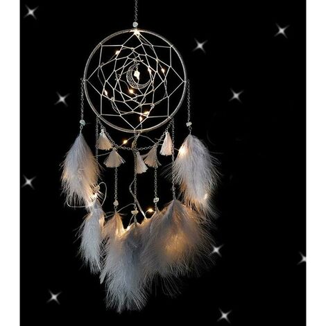Dream Catcher with LED Light, Handmade Dream Catcher with Feathers, Romantic Girl's Room Decor, for Wall Decor Craft Decor Ornaments (Gray)