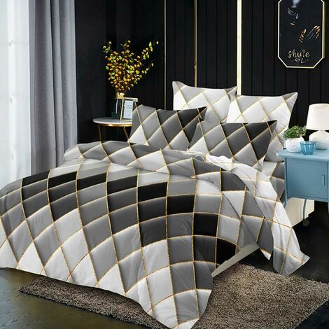 Duvet cover set with imperime geometric pillowcases, double face, 3 people, with zipper in soft microfiber, 3 pieces, 220 x 240 cm, color: Gray (1/5)
