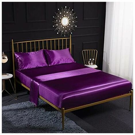 4pcs Cream Silk Satin Bedding Set with Fitted Sheet, Flat Sheet, Pillowcase, Breathable, Soft and Comfortable for Double Bed (Purple) 138x190x35cm (1/5)