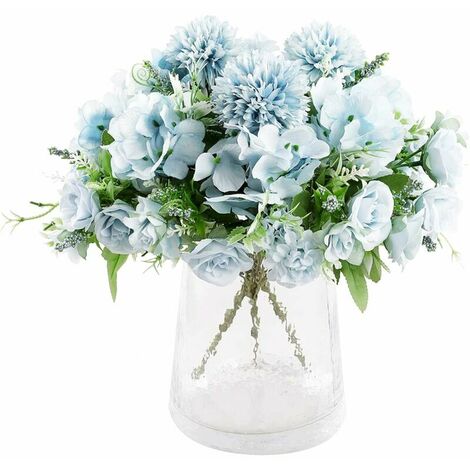 3 pieces Bouquet of Roses Hydrangea Artificial Silk Flowers Bridal Flower Arrangement Wedding Bouquet home decoration Generic decoration item in White Rose without Vase-Blue (1/5)