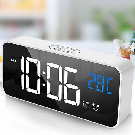Digital Alarm Clock, LED Digital Alarm Clock Mirror Desk Clock USB Rechargeable Travel Alarm Clock with 2 Alarms / Snooze / Temperature Display / Voice Control Function, 4 Brightness, White (1/5)