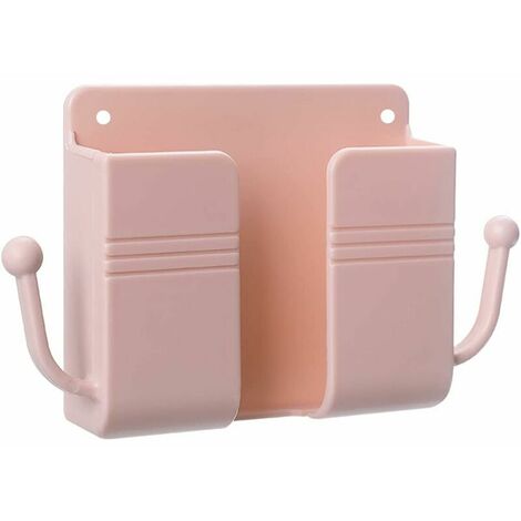 Self-adhesive Remote Control Storage Box, Wall-Mounted Mobile Phone Holder, Wall-Mounted Organizer Box with Hook for Mobile Phone Charging (Pink) (1/5)