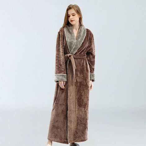 Women's Fleece Bathrobe, Soft Bathrobe Dressing Gown with Pockets Winter Christmas Gift XL Khaki