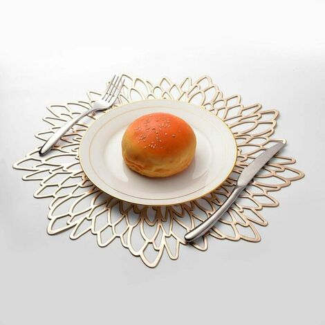 2 Pieces Gold Placemat, Hollow Out Round Placemat, Round Placemats Plastic Table Mat, Used for Heat Insulation of Plate and Table Decoration (Gold) (1/5)