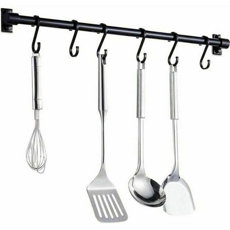 Utensil Holder, 40CM Kitchen Shelf Bar with 6 Removable Hooks(Black) (1/4)