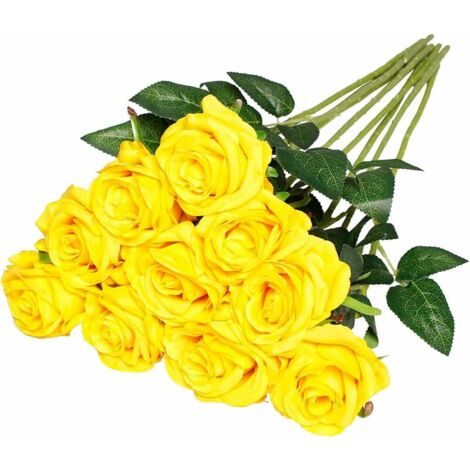 Artificial Silk Rose Flowers Single Stem Realistic Fake Rose for Wedding Bouquet Flower Arrangements Decoration, 10pcs (Yellow) (1/5)