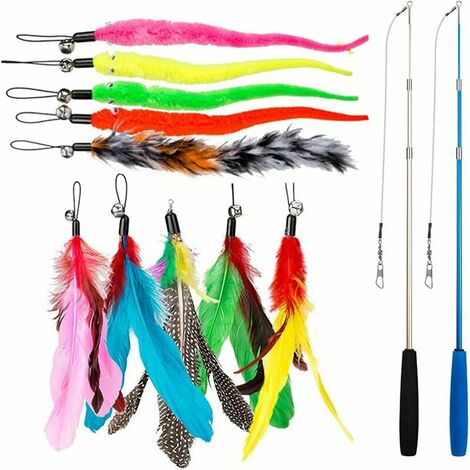 12 PCS Cat Feather Toy, Stick Toy Cat Fishing Rod with 2 PCS Interactive Retractable Rod, 10 PCS Replacement Feather with Pendant, Telescopic Pole Toy for Indoor Cats and Kittens