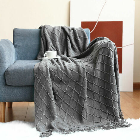 Textured Solid Soft Sofa Throw Couch Cover Knitted Decorative Blanket, Smoky gray, 130200+15CM (1/5)