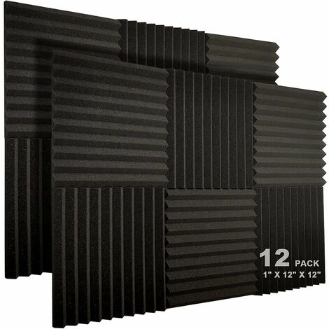 Acoustic Foam Panels, 12 Pack, 1" x 12" x 12" Studio Soundproof Wedge Shaped Flame Retardant Sound Absorbing Liner Acoustic Treatment Foam (Black) (1/5)