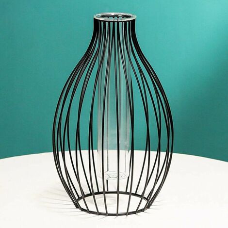 Metal Frame Vase, Lantern Shape Glass Test Tube Vase, Flower Vase for Hydroponic Plant, Solid Terrariums Small Bud Vase for Office Home, Lantern bottle black (1/5)
