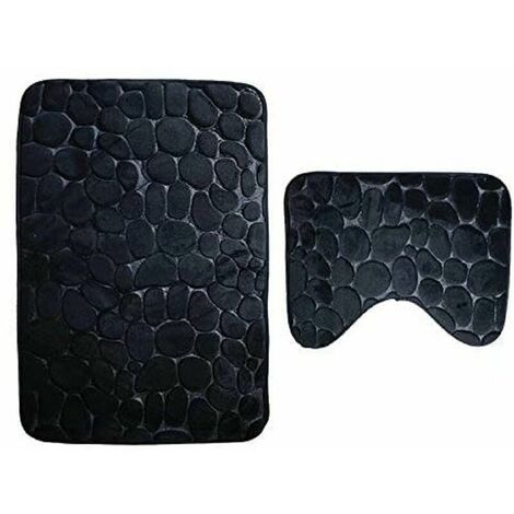 Set of 2 Anti-Slip Bath Mat and Pedestal Rug for Machine Washable Bathroom (50 80+40 50cm) - Black