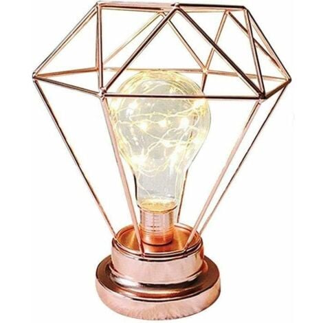 Bedside Lamp Decorative Night Lamp, Diamond Shape Retro Metal Table Lamp Battery Operated Desk Lamp for Bedroom, Living Room, Bar, Hotel, Cafe (Rose Gold)