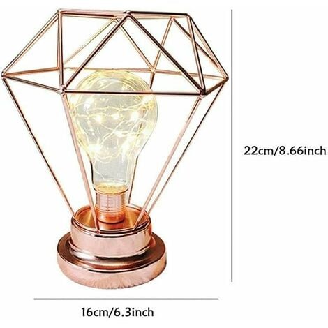 Bedside Lamp Decorative Night Lamp, Diamond Shape Retro Metal Table Lamp Battery Operated Desk Lamp for Bedroom, Living Room, Bar, Hotel, Cafe (Rose Gold)