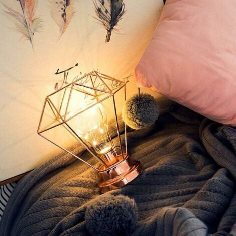 Bedside Lamp Decorative Night Lamp, Diamond Shape Retro Metal Table Lamp Battery Operated Desk Lamp for Bedroom, Living Room, Bar, Hotel, Cafe (Rose Gold)