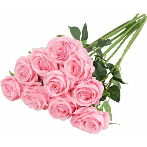 Artificial Silk Rose Flowers Single Stem Realistic Fake Rose for Wedding Bouquet Flower Arrangements Decoration, 10pcs (Pink) (1/5)