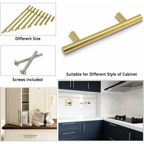 Brushed Brass Kitchen Cabinet Door Handles Stainless Steel T Bar Knobs 9 Size (50mm, 64mm, 76mm, 96mm, 128mm, 160mm, 192mm, 224mm, 256mm) （1pc ）