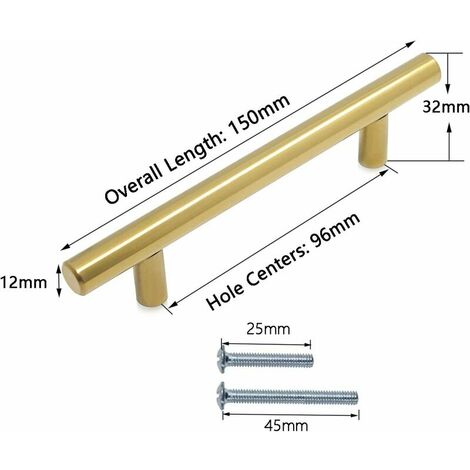 Brushed Brass Kitchen Cabinet Door Handles Stainless Steel T Bar Knobs 9 Size (50mm, 64mm, 76mm, 96mm, 128mm, 160mm, 192mm, 224mm, 256mm) （1pc ）