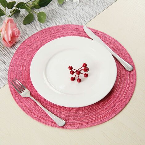Set of 6 Pink Round Placemat Braided Cotton Christmas Placemat Washable Heat Resistant Non-Slip Placemat Decoration for Dining, Kitchen, Wedding, Party - 38x38cm (1/5)