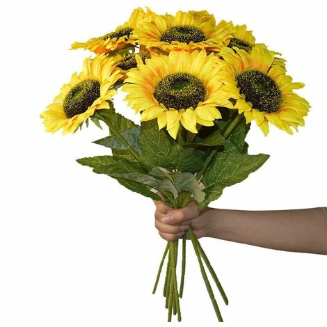 6PCS Artificial Sunflowers - Fake Silk Sunflowers in Bulk with Long Stems for Home Garden and Party Decoration (Yellow) (1/4)