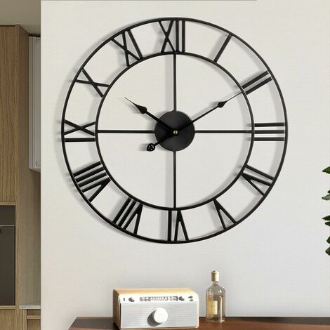 Wall Clock for Living Room Decor, Battery Operated 40cm (Black) Retro Roman Numerals Large Modern Round Silent Metal Wall Clock for Living Room Bedroom Kitchen Decor (1/5)