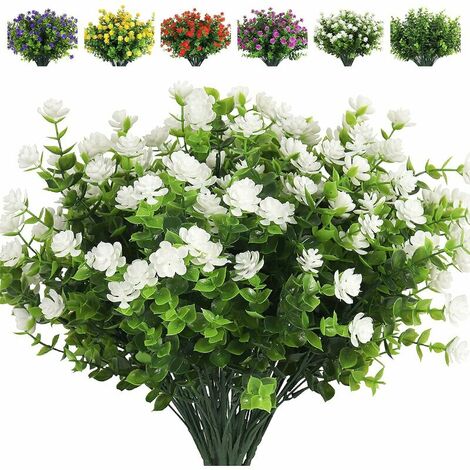 8 Pieces Artificial Flower Plastic Outdoor UV Resistant Plant Artificial Outdoor Eucalyptus Plant Home Garden Party Wedding Decoration Wedding Bouquet (White) (1/5)