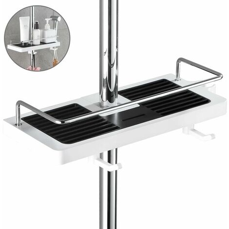 Shower Shelf Caddy for Shower Rail No Drilling Bathroom Shelf Storage Rack, Shower Pole Shelf Bathroom Shower Shelf, Shower Organiser with Buckle and Shower Head Hook.Black and white round holes