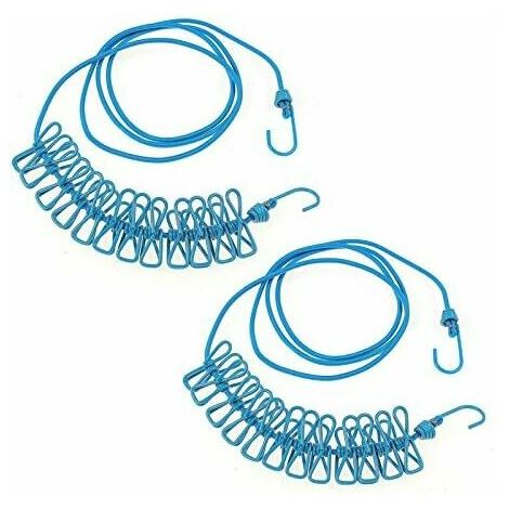 Set of 2 clotheslines with 12 clothes pegs, extendable, adjustable, retractable, for camping, travel, drying clothes outdoors and indoors Blue (1/5)