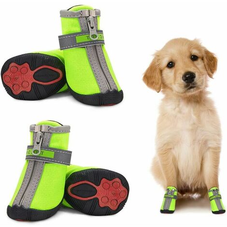 Waterproof Small Dog Shoes 4 Pack, Reflective Non-Slip Paw Protector Dog Boots Warm Puppy Shoes Small Medium Dogs Green 3