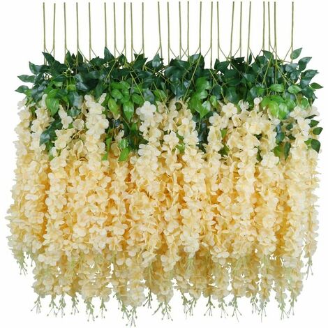 Artificial Flowers, 24pcs Artificial Fake Wisteria Vine Hanging Silk Flowers Home Wedding Party Decor (24pcs, 110cm / each strand, champagne) (1/5)