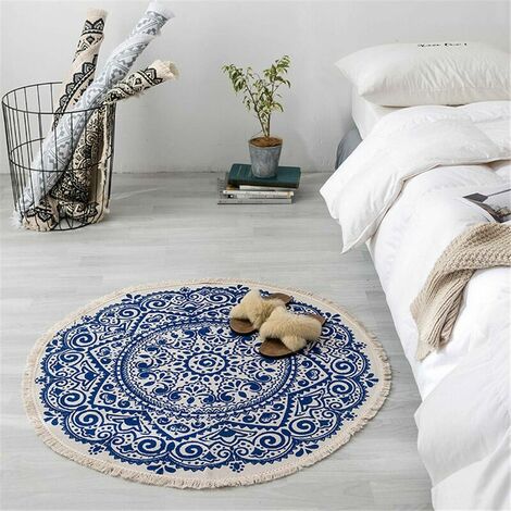 Round Mandala Rug Bohemian Style Cotton Washable Living Room Bedroom Rug Diameter 92cm Blue (1/5)