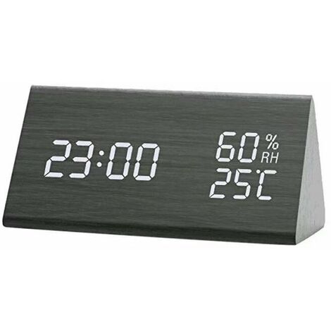 Alarm clock with wooden LED electronic time display, double temperature and humidity detection, ideal for bedroom, children at night (1/5)