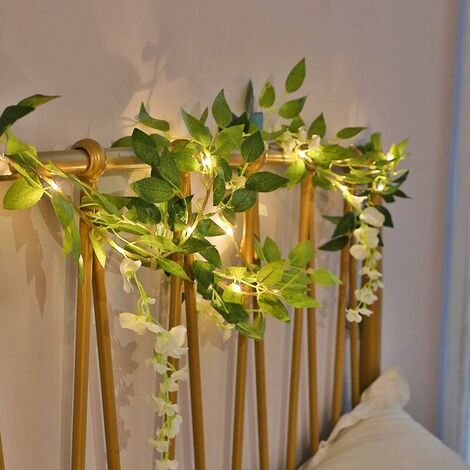2 Meter 20 LED Flower Leaf Garland, Green Leaf Rattan Fairy String Lights Warm White Wedding Party Holiday Patio Decoration, Battery Powered (White Wisteria) (1/5)