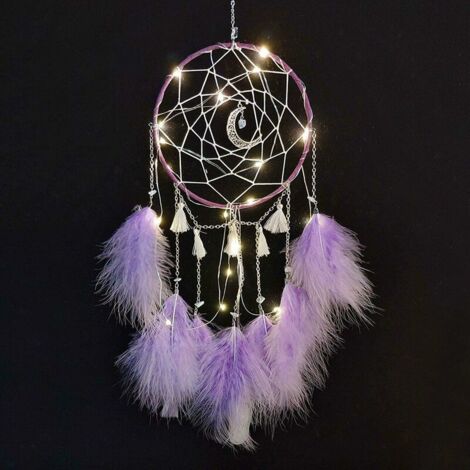 Dream Catcher with LED Light, Handmade Dream Catcher with Feathers, Romantic Girl's Room Decor, for Wall Decor Craft Decor Ornaments (Purple) (1/5)
