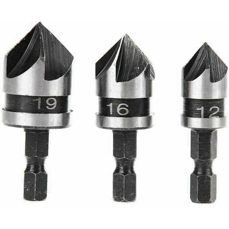 3pcs 90 Degree 5 Flute Chamfer Cutters Set For Woodworking Metal Quick Change 1/4 "Hex Carbon Steel Chamfer Drill Bit 12/16 / 19mm Woodworking Chamfer Cutting Tool (1/5)