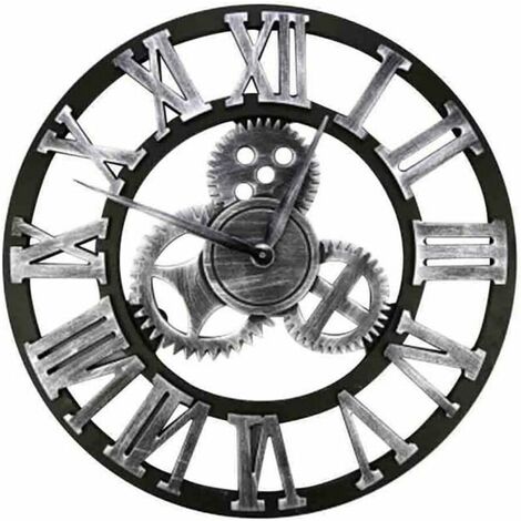 Large Vintage Style Wall Clock, Round, Metal, Silent, No Ticking, Battery Operated, 45cm, Black Roman Numerals, Living Room Clocks, Bedroom, Kitchen Decor Silver