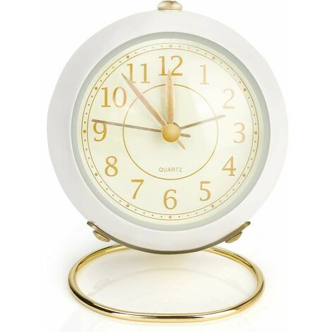 Alarm Clock, Analog Quartz Alarm Clock with Night Light, 3 Inch Large Dial, Silent No Ticking, Small Bedside Bell Alarm Clock with Loud Alarm, Silent, Battery Operated (White) (1/5)