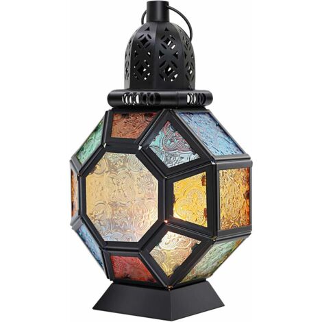 Moroccan Retro Metal Lantern, Iron Candle Holder Moroccan Tealight Holder for Outdoor Garden, Candle Lantern Lamp Candle Oriental Home Decor - Black + Colorful