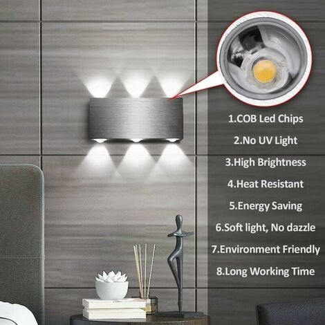 LED Wall Light 6W Indoor Wall Lamp Modern Square Up Down Aluminum Lighting Decoration Light for Bedroom Office Bed Hallway Living Room Hotel Bar Cold White [Energy Class A ++]