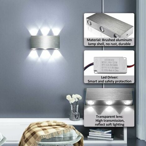 LED Wall Light 6W Indoor Wall Lamp Modern Square Up Down Aluminum Lighting Decoration Light for Bedroom Office Bed Hallway Living Room Hotel Bar Cold White [Energy Class A ++]