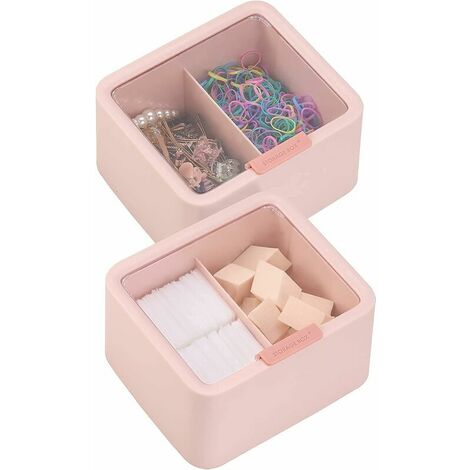 Plastic Cotton Balls Holder Bathroom Storage Qtips Holder Swabs Pads Dispenser with Hinged Cover Lid, 2 Separates Containers, Pink