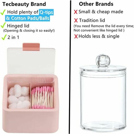 Plastic Cotton Balls Holder Bathroom Storage Qtips Holder Swabs Pads Dispenser with Hinged Cover Lid, 2 Separates Containers, Pink